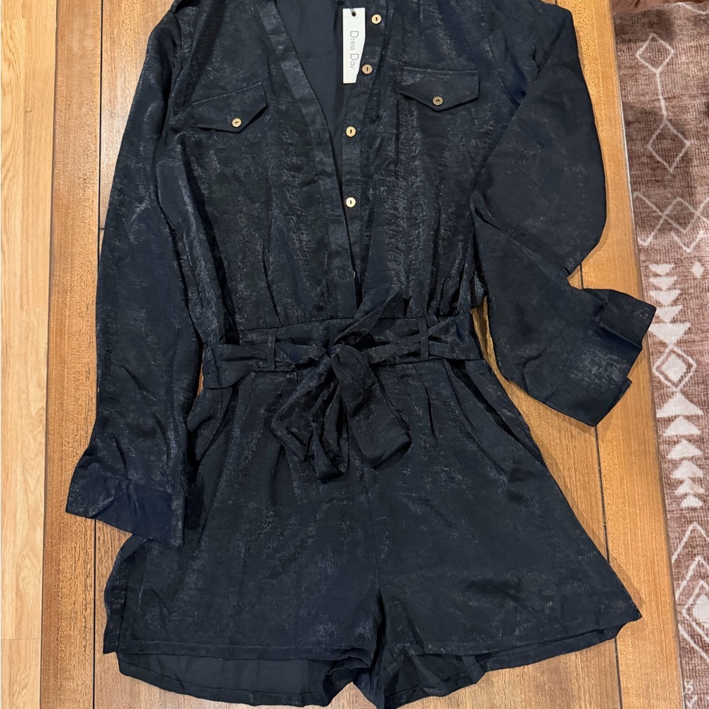 Black Long Sleeve Romper satin style